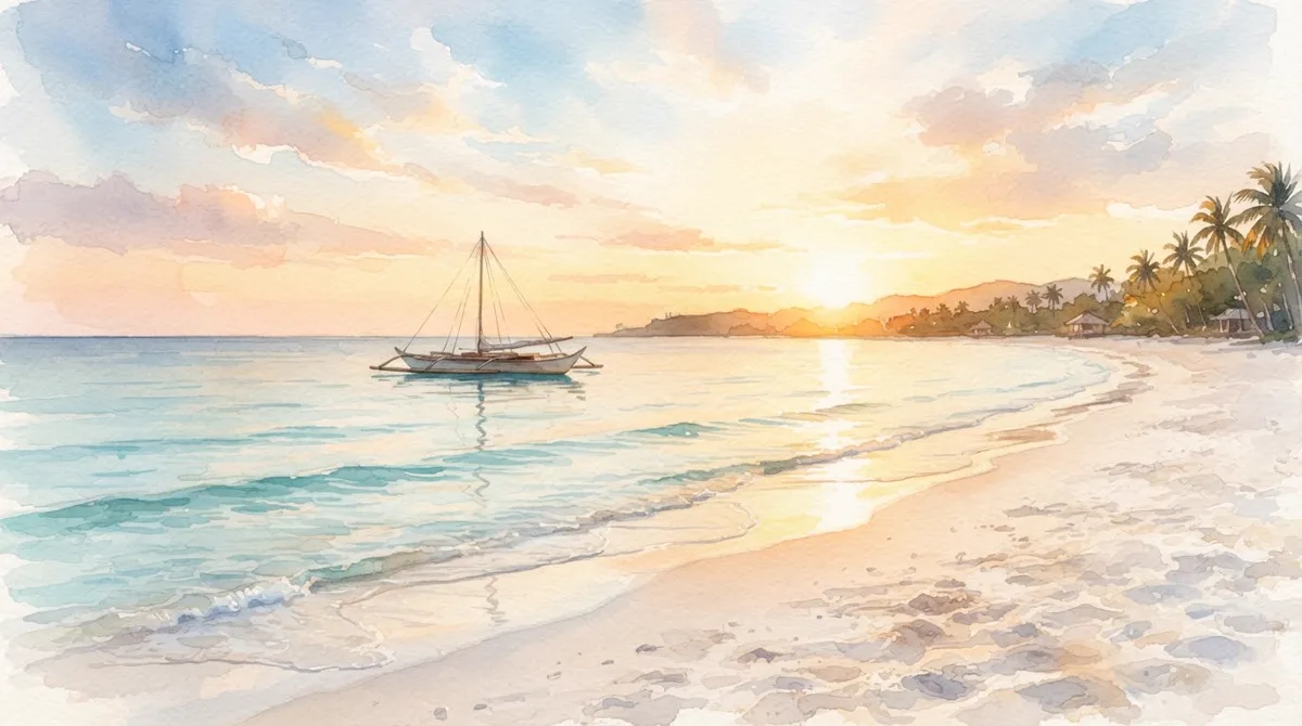 A watercolor paraw anchored off the beach at sunset