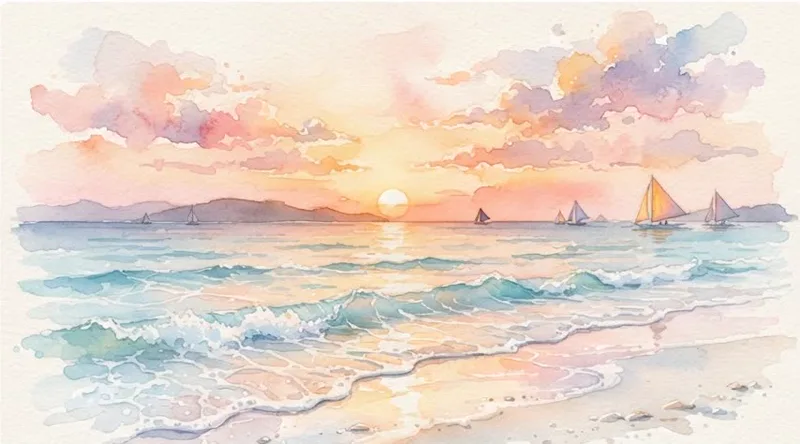 Watercolor sailboats on the shallows at sunset